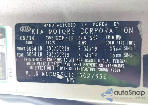 2015 Kia Sedona Sx Luxury z USA, uszkodzony, nr VIN KNDME5C13F6027669